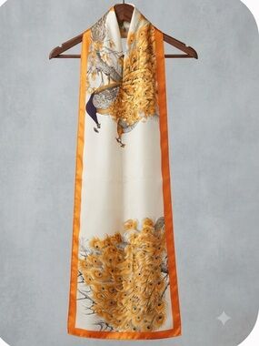 Silk Peacock Feather Printed Cream & Orange Large Scarf Wrap